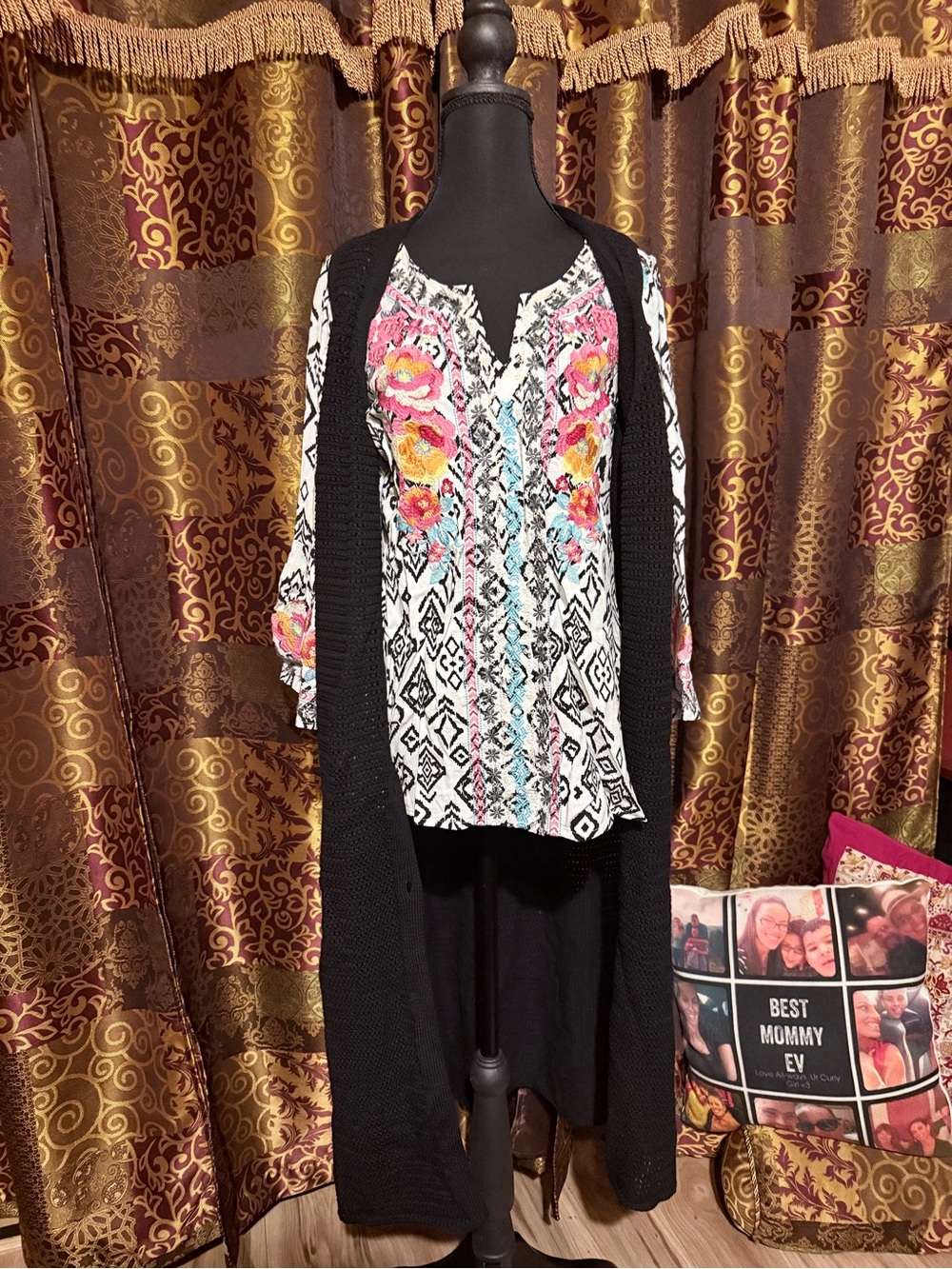 Tunic with Pink  and Turquoise Floral Embroidery topped with long black vest